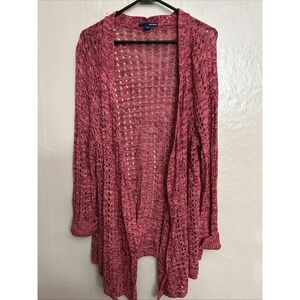 basic editions 1X Dark Pink‎ Open Crochet Long Cardigan Sweater